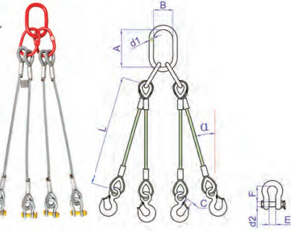 Z galwanizowanej stali 48 mm 4 Way Wire Rope Slings Lift Sling